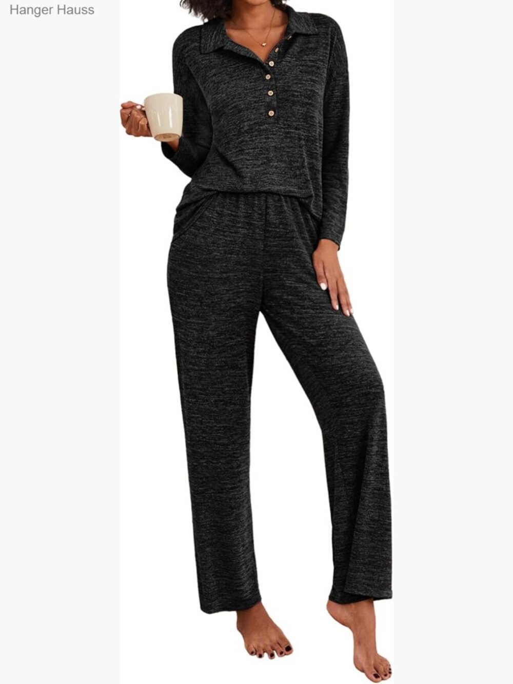 2 Piece Knit Long Sleeve Button Down Sleepwear Soft Pjs Lounge Set